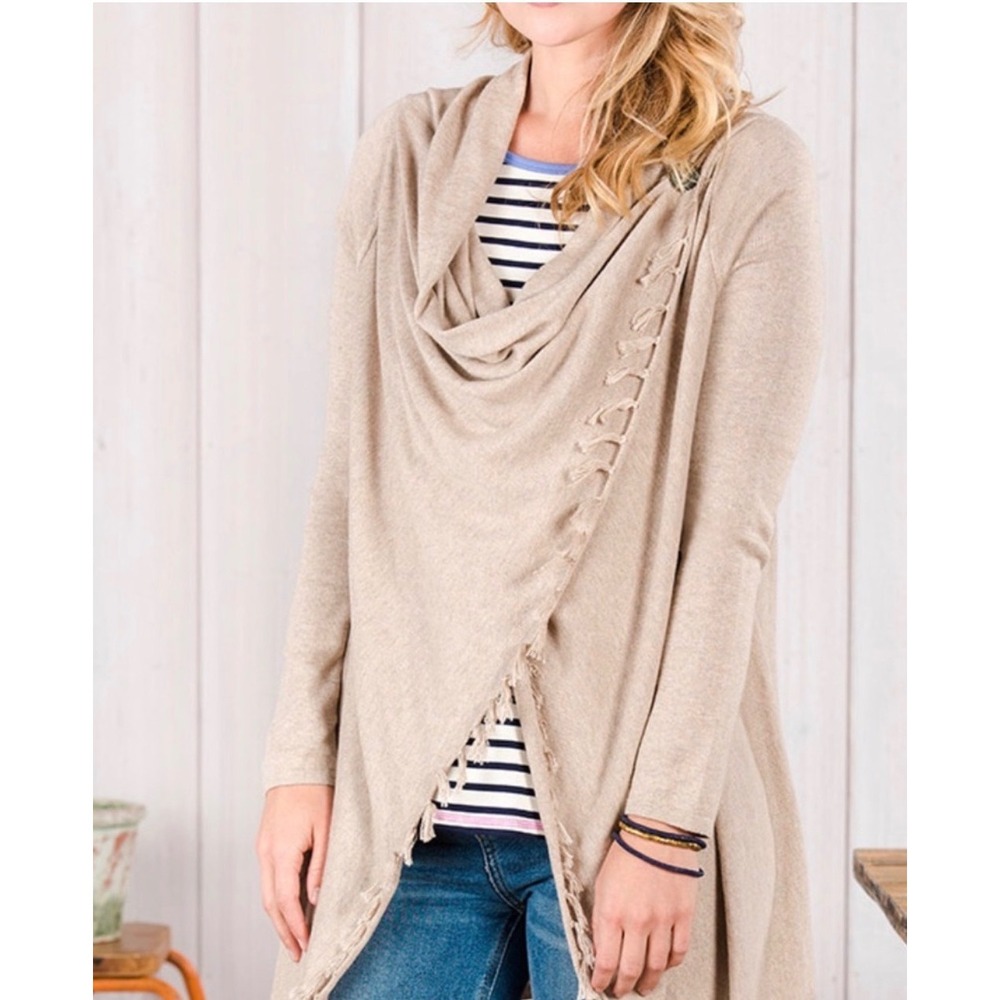 Matilda Jane Come On Over Tan Cardigan Sweater Knot Fringe Button Detail Size M